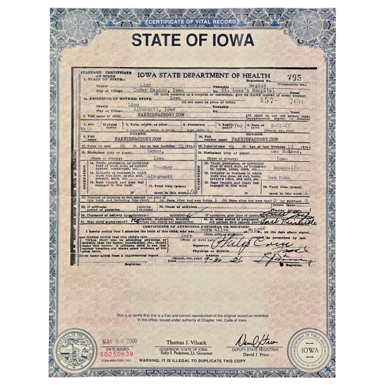 US IOWA Birth Certificate