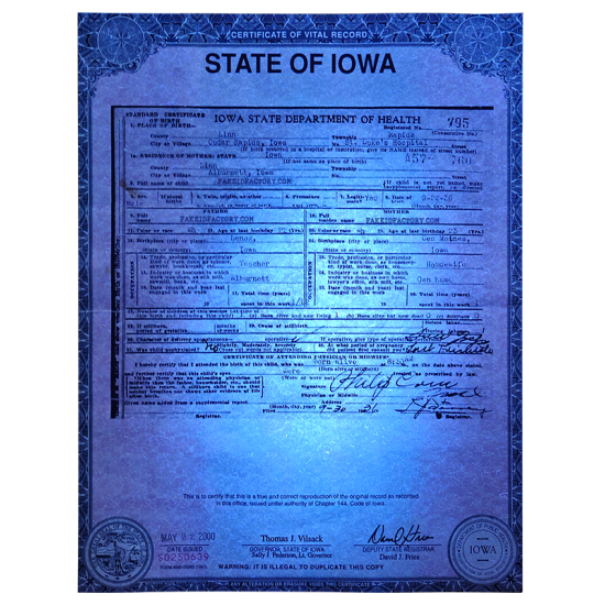 US IOWA Birth Certificate